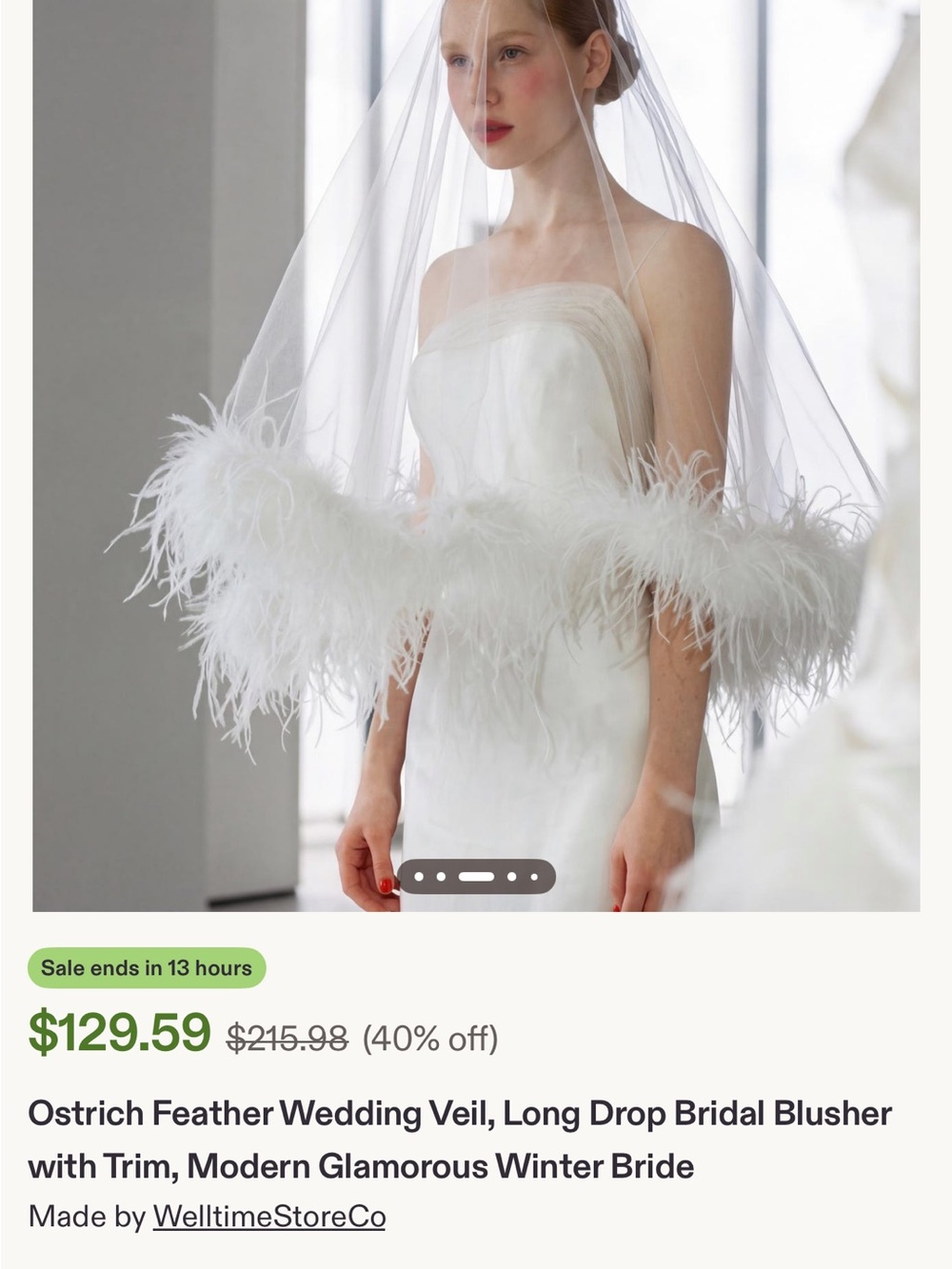 Ostrich Feather Bridal Veil in White - Picture 3 of 3